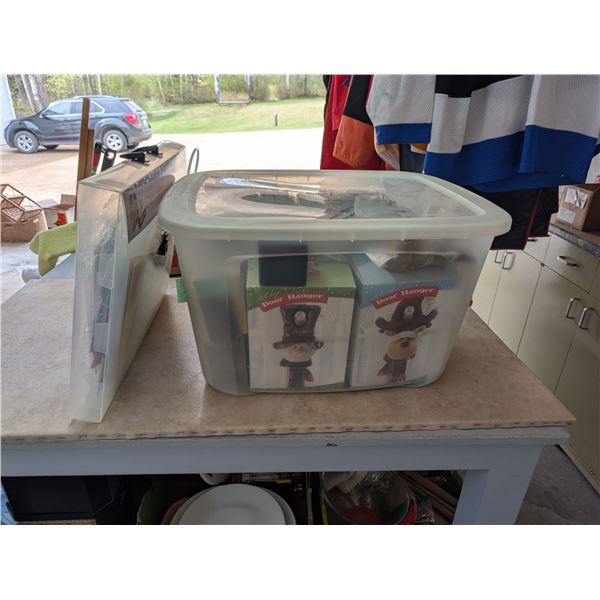 Tubber ware Box full of Christmas decorations and etc. w/ Birthday Decorations and etc.