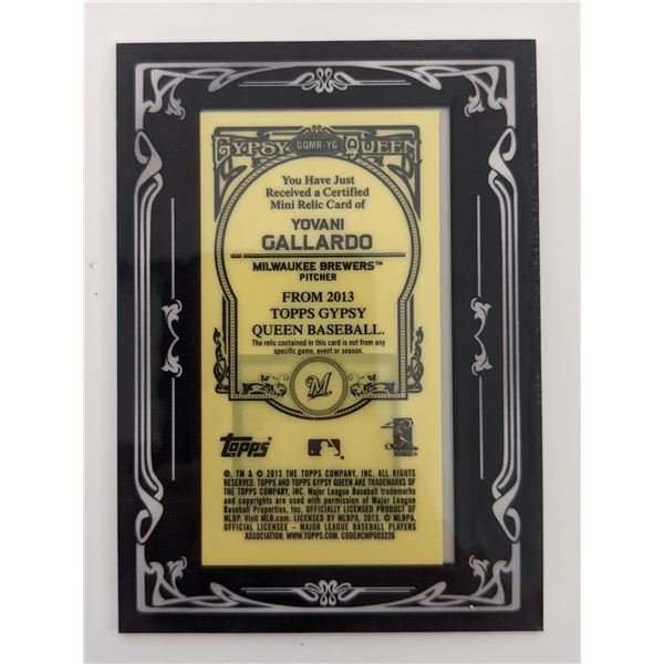 Yovani Gallardo Baseball Trading Card with Game Used Jersey Swatch - Topps Gypsy Queen 2013