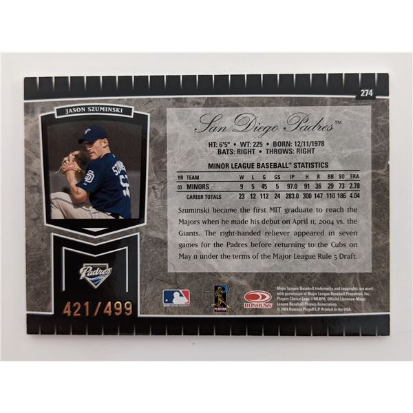 Jason Szuminski Signed Baseball Trading Card - Leaf Certified Cuts #274 2004 No. 421 of 499