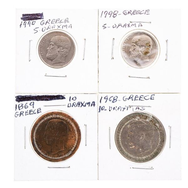 Lot 4 Coins - Greece -1869,1968,1990,1998,5& 10 Draxma