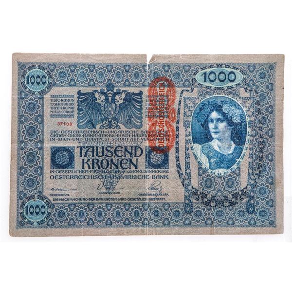 Austria Hungary  - 1902 - Printed Likely in 1919 -1000 Kronen -Circulated After WW1