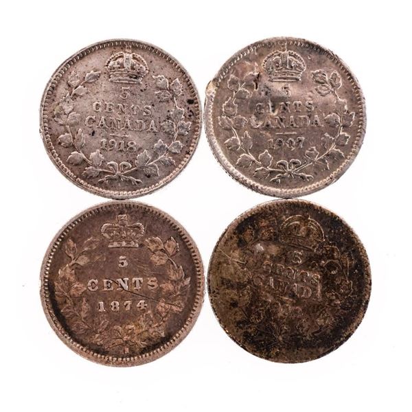 Group of 4 Canada Historical Silver 5 Cents - 1814,1907,1918,1903