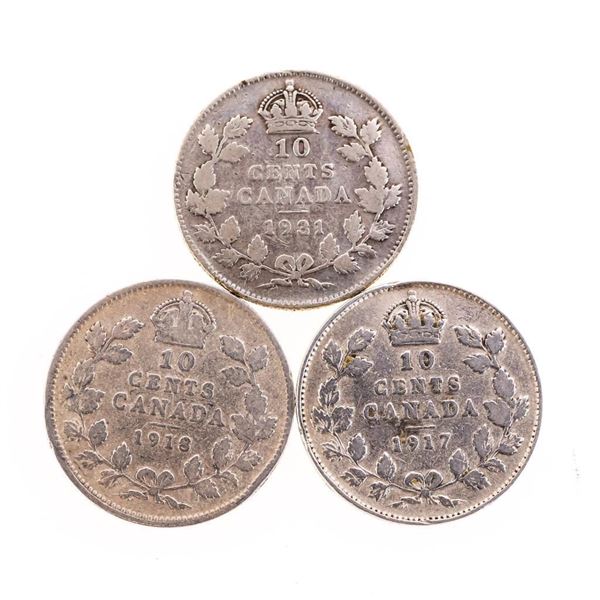 Group of 3 Canada Historical Silver 10 Cents - 1917,1918,1931