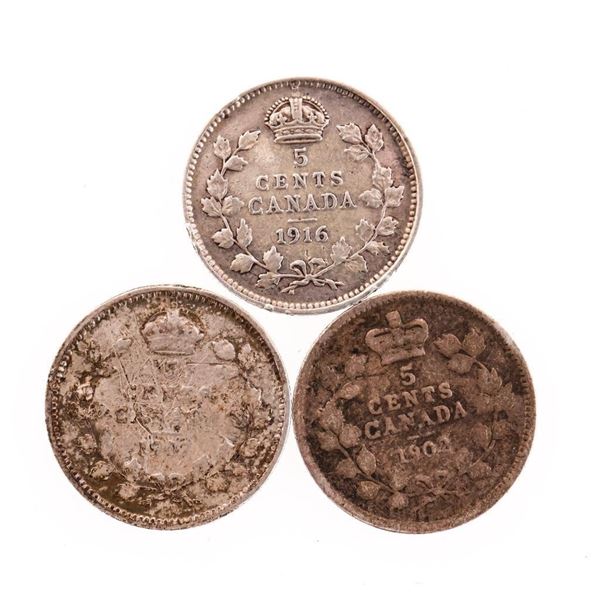 of 3 Canada Historical Silver 5 Cents - 1902,1907,1916