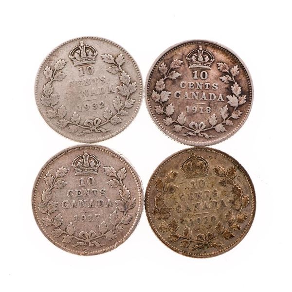 Group of 4 Canada Historical Silver 10 cents - 1917,1918,1932,1920