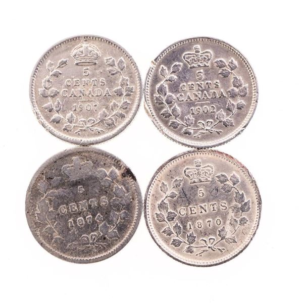 Group of 4 Canada Historical Silver Five Cents -1870,1874,1902, 1907