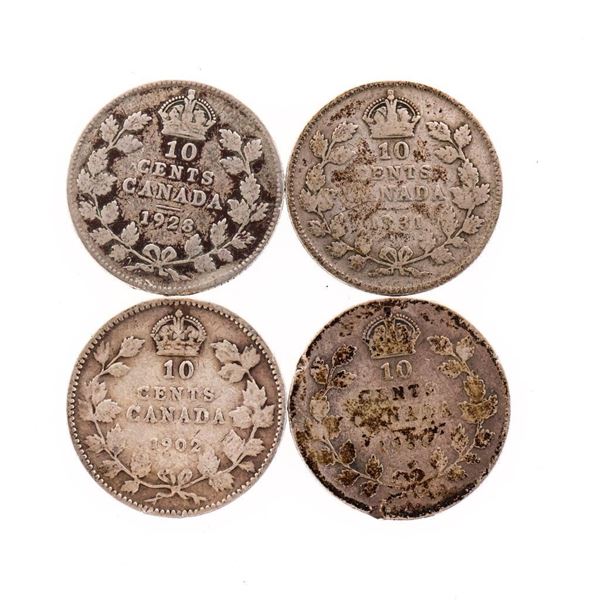 Group of 4 Canada Historical Silver Ten Cents - 1902,1928,1930,1931