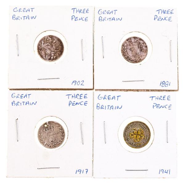 Group of 4 Great Britain 925 Sterling Silver Three Pence Coins -1881,1902,1917,1941