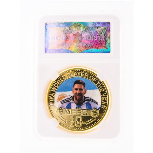 "Lionel Messi" World Player of The Year 24kt Gold Overlay Medallion Slabbed