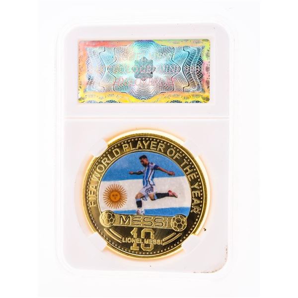 "Lionel Messi" World Player of The Year 24kt Gold Overlay Medallion Slabbed  (Kicking)