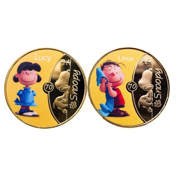 Lot of 2 x 24kt Gold Overlay Medallion - "PEANUTS" Lucy & Snoopy Medallions
