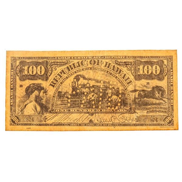 Republic of Hawaii Gold Certificate One Hundred Dollars Dated 1895