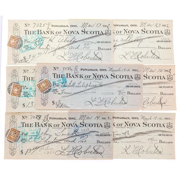 Lot of 8 - Bank of Ottawa, Powassan.Genuine Cheques Dated 1912.