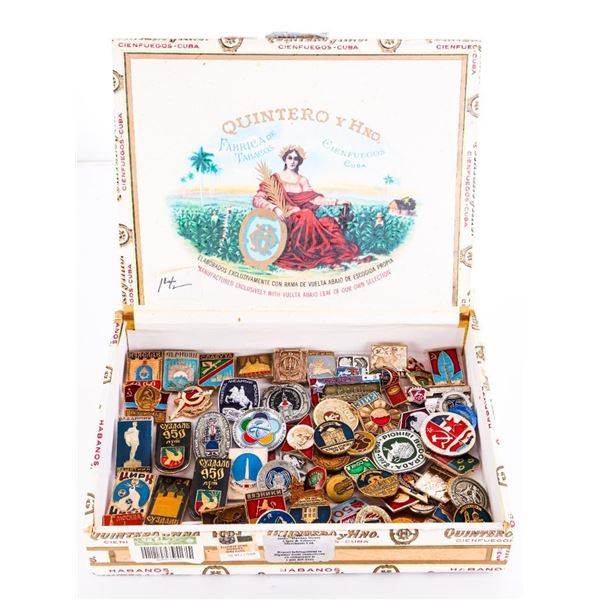 Cigar box with Approx. 70 Vintage Pins of "RUSSIA" Dating Back to 1940's