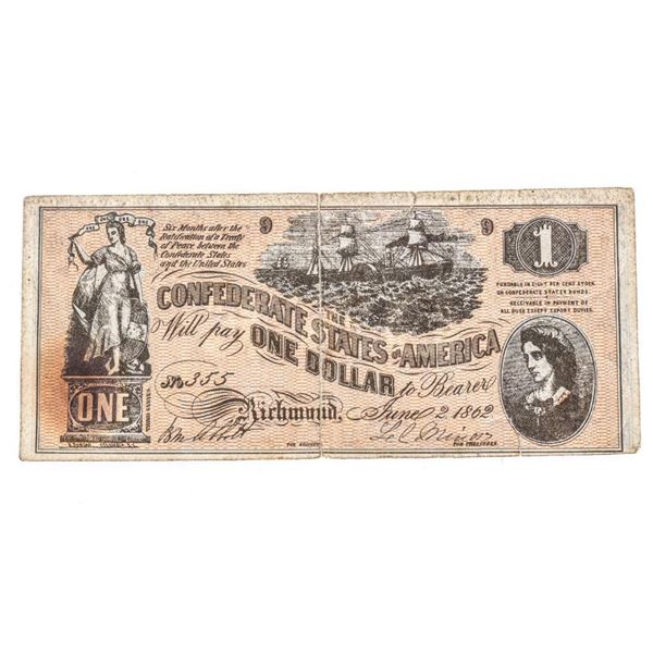 June 1862 Conbfederate States of America One Dollar