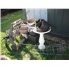 Image 1 : hose reel, plant pots, plstic bird bath, garden tools, tomato cages, etc.