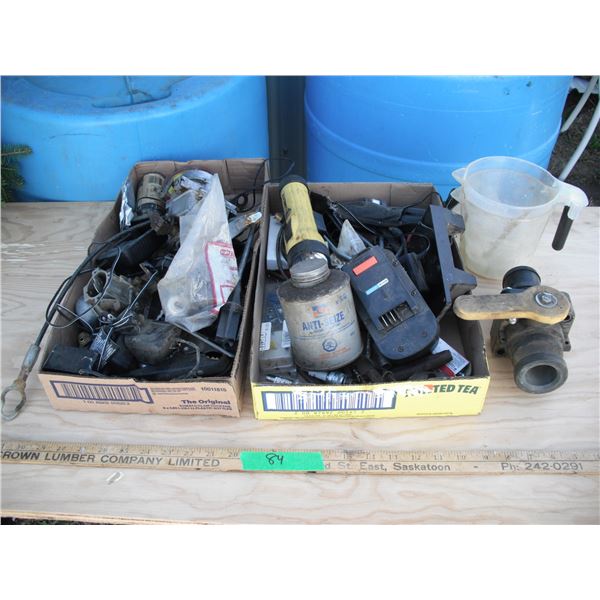 assorted hardware - carberators, hose valve, battery, cables, etc.