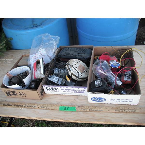 lot of electrical, hardware and tools - alarm clock, voltage tester, cables, nails, screws, etc.