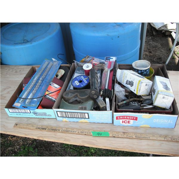 assorted tools and hardware - belt sander sandpaper, socket organizers, electric valves, grinding wh