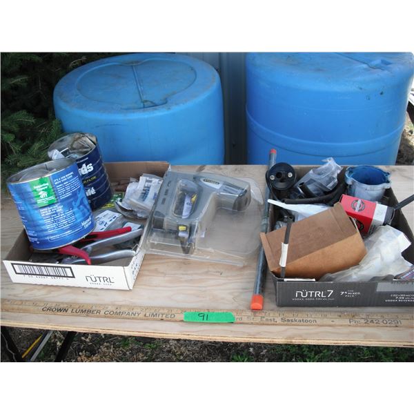 assorted tools and hardware - stanley stapler, ringing tools, new 24" furnace fan shaft, other parts