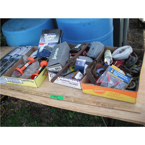 assorted tools and hardware - wiper blades, electric hookup handles, brake pads, auto parts, etc.