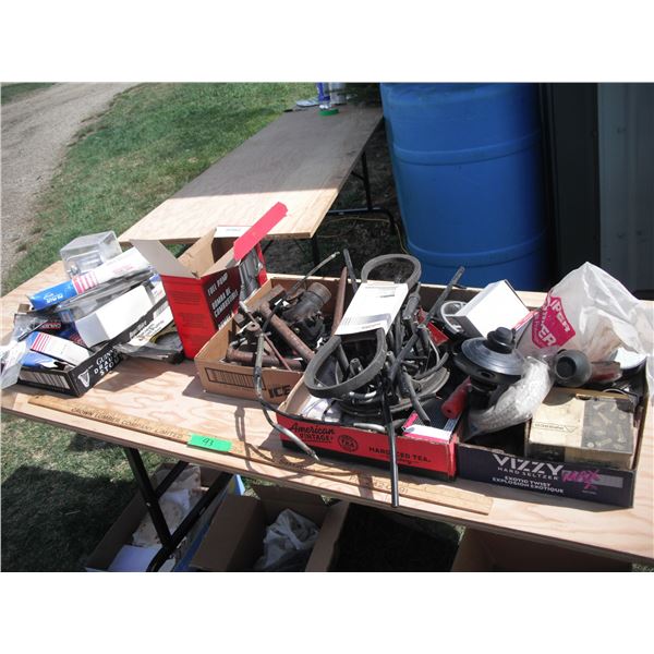 assorted tools and hardware - belts, cable, spark plugs, motor flusher, fuel filter, etc.