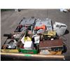 Image 1 : assorted tools and hardware - drills, work light, battery, radio, assorted parts, etc.