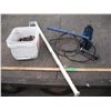 Image 1 : bottle jack, Pool grain tester scoop, twine cutter, and pail of bolts