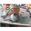 Image 1 : assorted tools - bow saw, beam scale, 2 galvanized funnels, galvanized gas pail, etc.