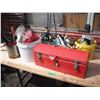 Image 1 : toolbox of assorted hardware, chemical glvoes, air hose, harrow teeth, heat lamp, sprinklers, etc.