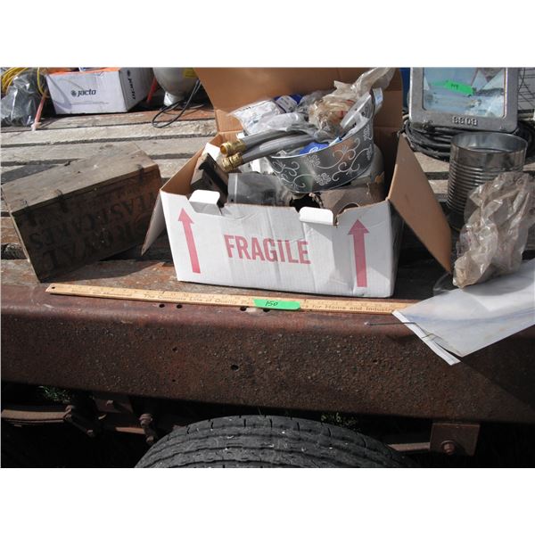 John Deere parts, vintage tools with Royal Yeast Cakes crate, etc.