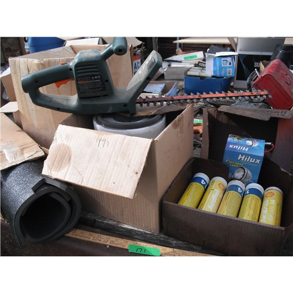 5x Shell grease tube, 4" offroad lamp, air filter, B&D 16" electric hedge trimmer, etc.