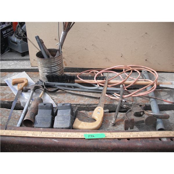 assorted tools and hardware - hammer, keyhole saws, vintage riveter, etc.