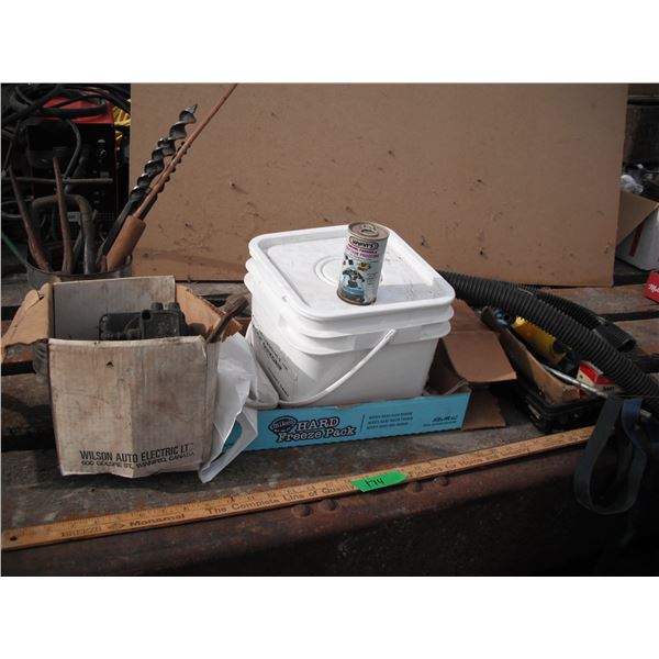 belt lacing, mallet, tie strap, hose, sheet metal screws, magneto, large wood drill bits, horseshoe 