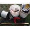 Image 1 : glavanized electric fencing wire, 2 pails of insulators and roll of other fencing wire