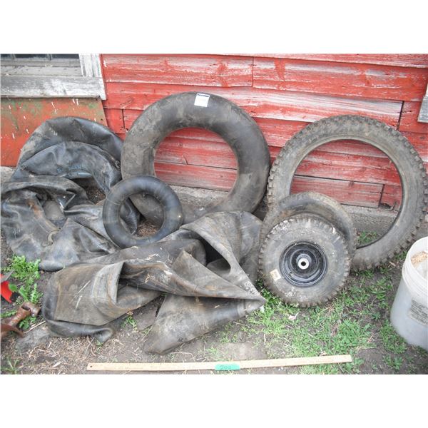 mixed lot of tire tubes, utility tires, and motorbike tire (4.00-18)