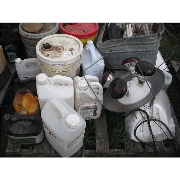 pallet lot - heat lamp, assorted oils (mainly partials), etc.