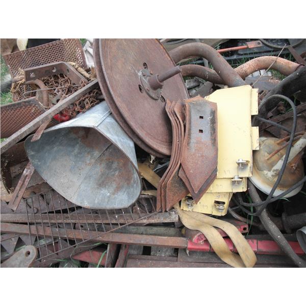 pallet lot - sickle blades, muffler, pulleys, other steel and cast iron, etc.