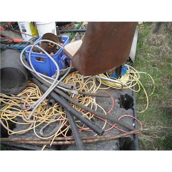 pallet lot - assorted cords, vintage pop bottles, tow strap, etc.