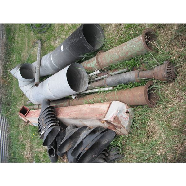 various piping, cast/galvanized, elevator spout, Brandt pieces, etc. (cast pipe 8" wide, galvanized 