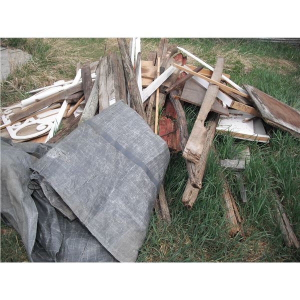 mixed lot lumber, poles, barn wood, sleigh frame, etc.