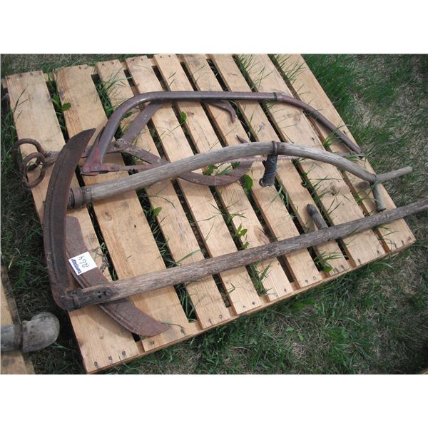 2 scythes, ice tongs, and 3.5ft bow saw