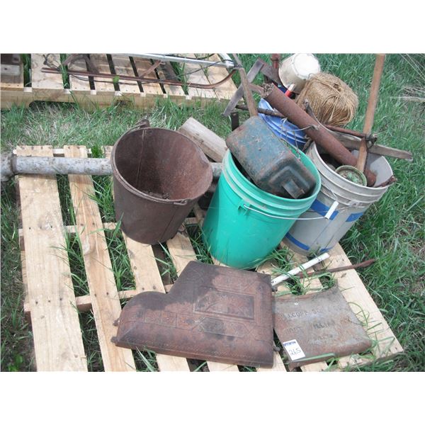 pallet lot - cast iron Keystone and WJ Copp Son & Co stove plate, assorted pails of parts, etc.