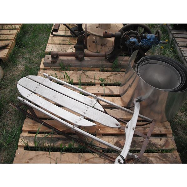 pallet lot - cast iron drill press, vintage sled, and 12" metal flashing