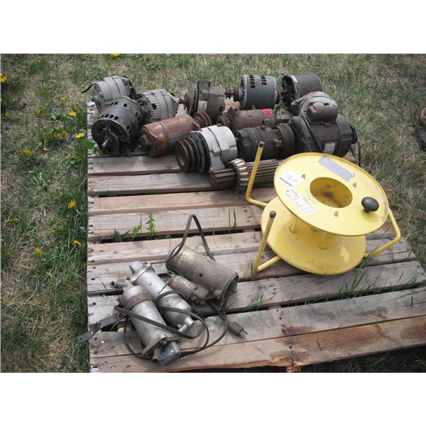 pallet lot - extension cord reel, motors, alternators, etc.