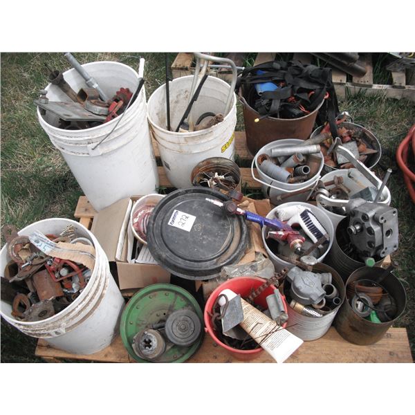 pallet lot - various fittings, galvanized pipe, pulleys, chain, steel parts, etc.