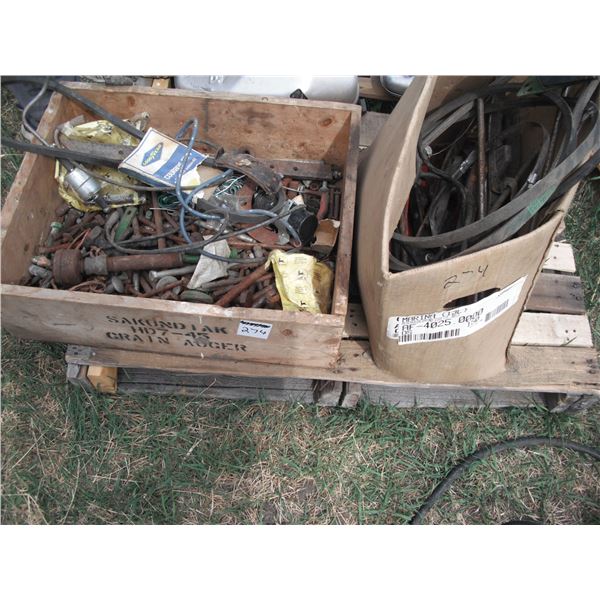 Sakundiak grain auger crate and box of belting, assorted bolts, control, etc.