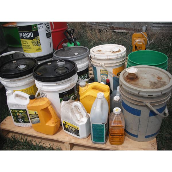 pallet lot - various partial oil jugs and pails - ATF, Engine oil, John Deer, Esso, etc.