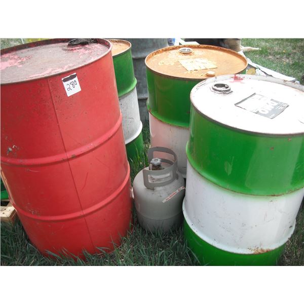 4 oil drums (3x 110L, 1 larger) and small propane tank