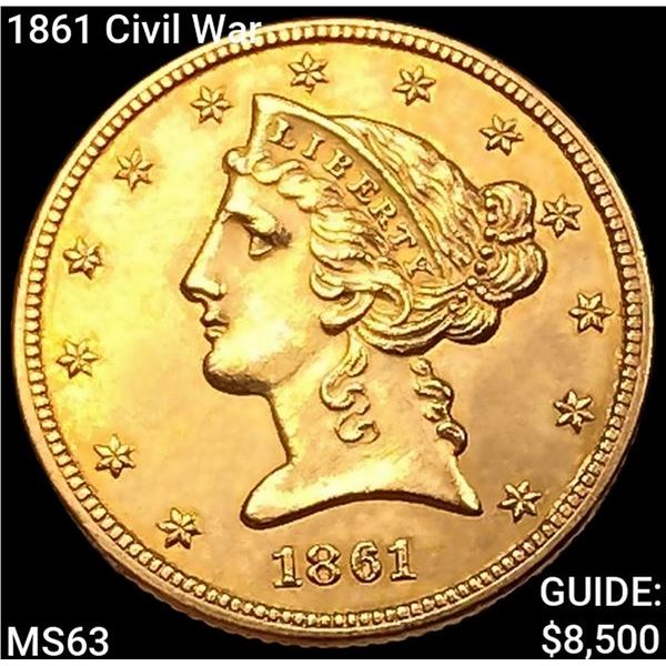 1861 Civil War $5 Gold Half Eagle CHOICE BU